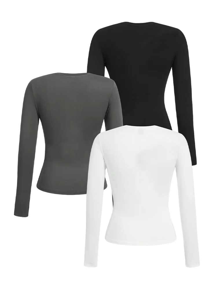 T-shirt femme manches longues couleur unie - Tissu tricoté polyester, col rond, coupe régulière, sty