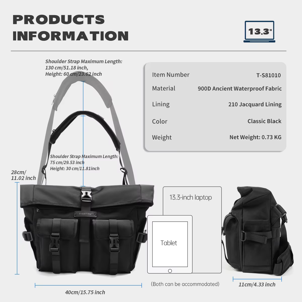Tigernu mode sacs à bandoulière pour hommes sacs à bandoulière mâle sacs extensibles 13.3 pouces poc