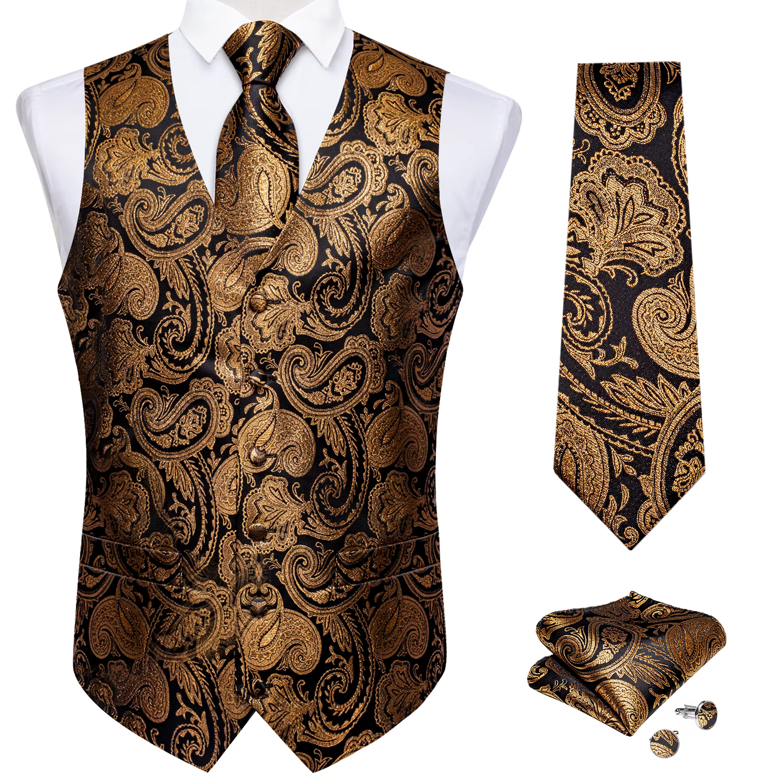 Ensemble gilet et cravate pour homme à motif cachemire – Gilet formel avec pochette de poche, idéal