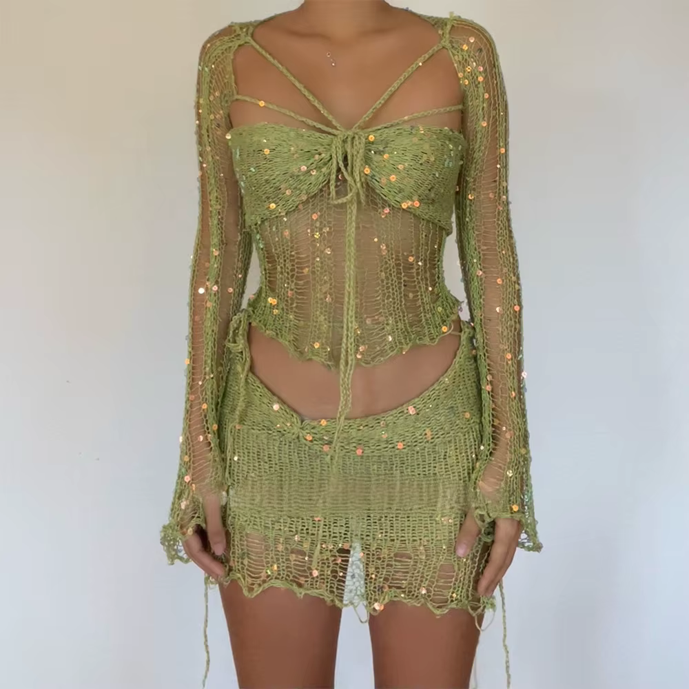 Robe tricotée au Crochet, ensemble jupe deux pièces, vêtements d'hiver pour femmes, haut court Sexy,