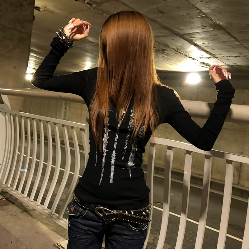 Karrcat Grunge esthétique tatouage imprimé hauts tricotés Trashy Y2k à manches longues tricot T-shir