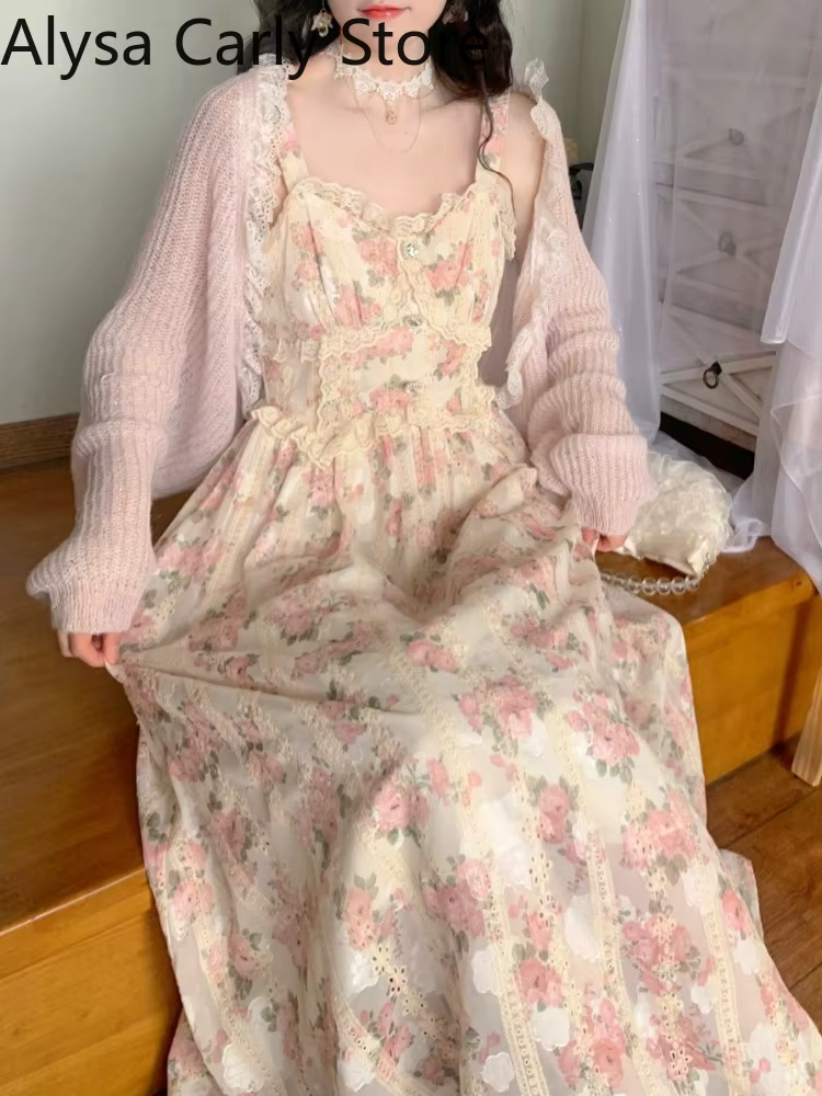 Robe longue en mousseline de soie et dentelle pour femmes, broderie florale, nickel é, vintage, douc