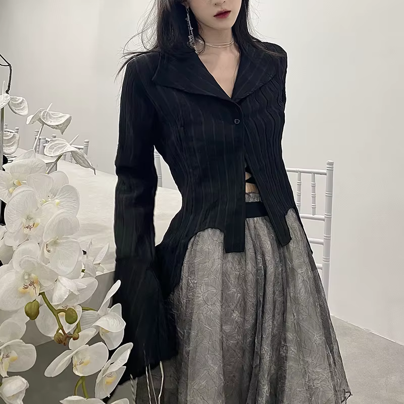Chemises gothiques noires pour femmes, coréen, académique foncé, conçu, hauts irréguliers, mode prin