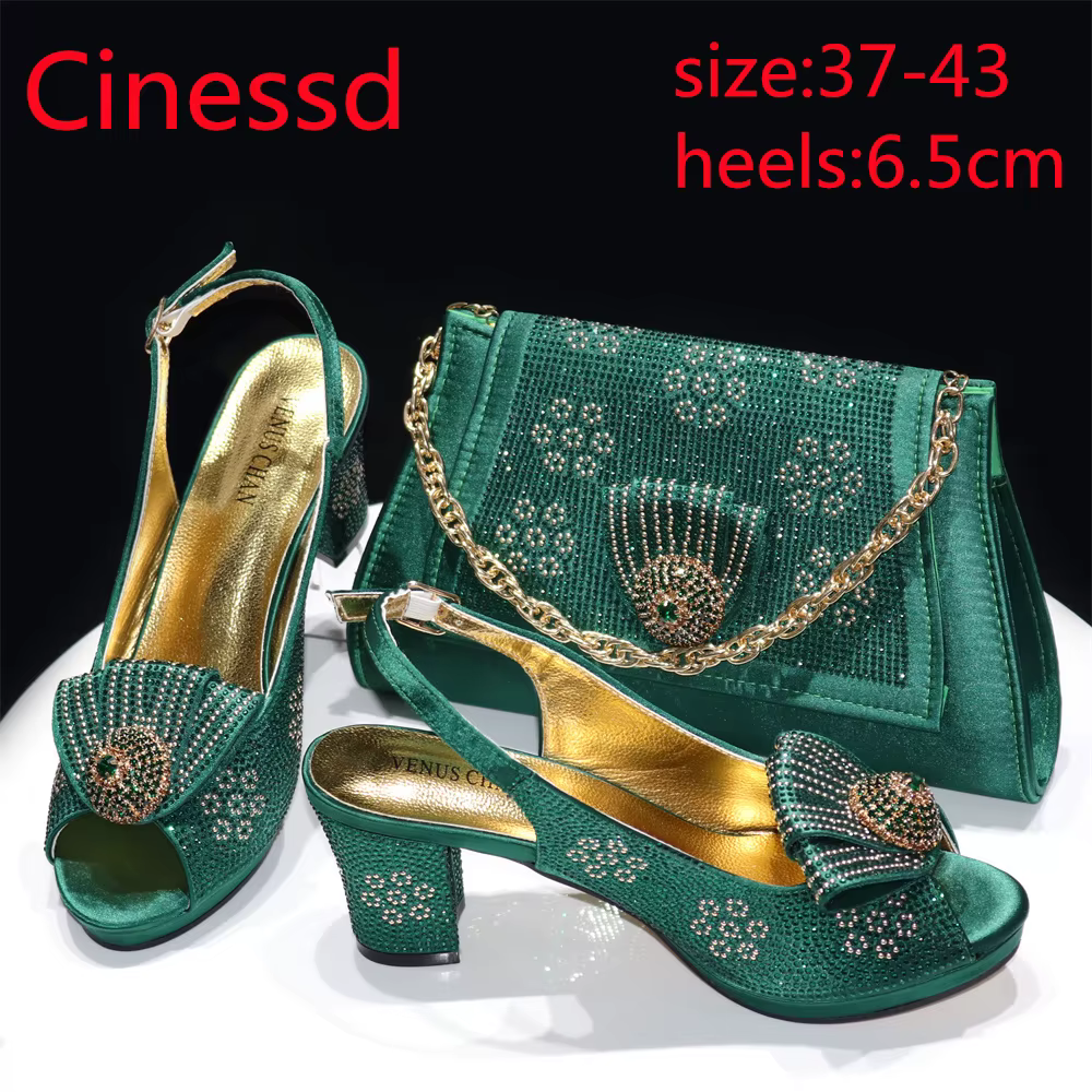 Ensemble de chaussures et de sacs nigérians pour femmes, escarpins en cristal complet, talons carrés