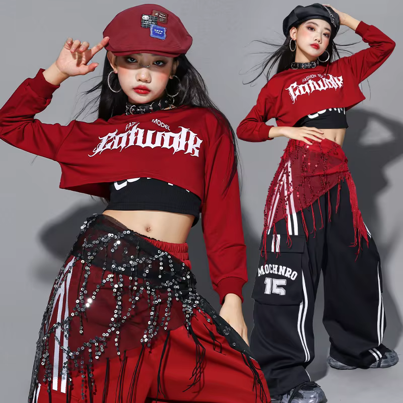 Ensemble de vêtements pour filles Hip Hop, sweat-shirt court à nœud rouge, pantalon cargo, costume d