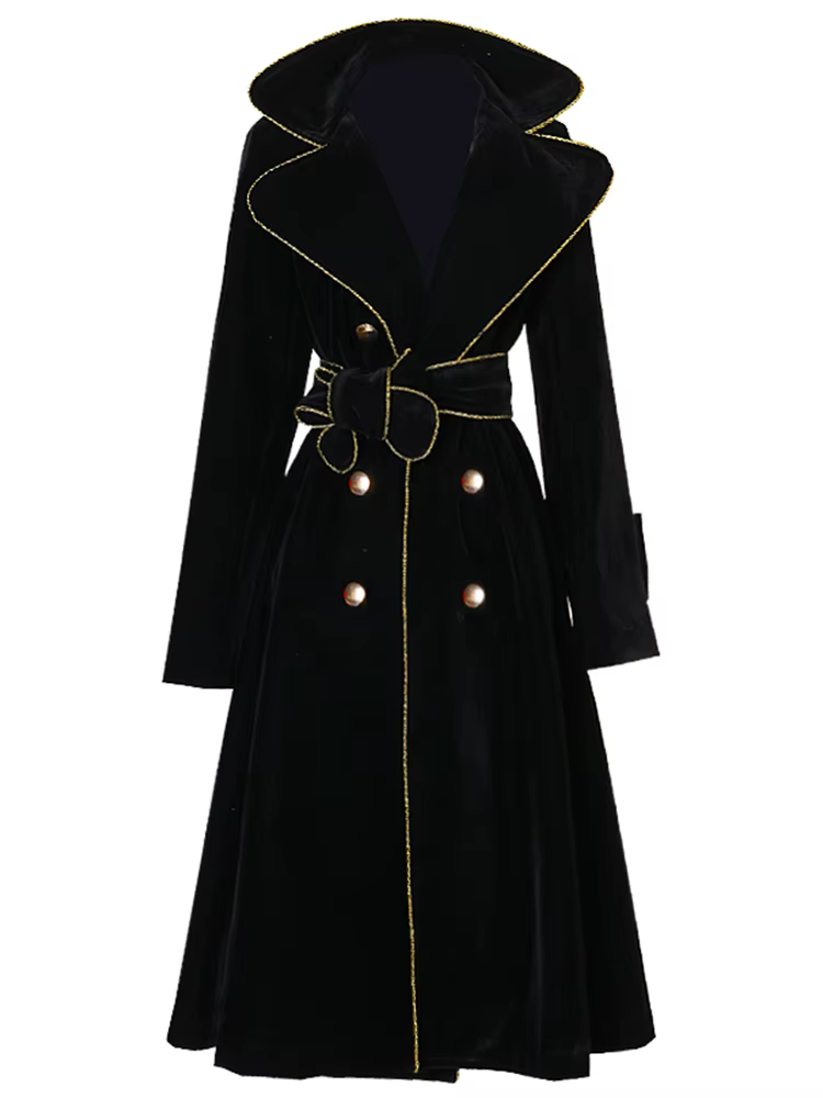 Lautaro-Manteau long en velours noir pour femme avec ceintures dorées, double boutonnage, mode de cr