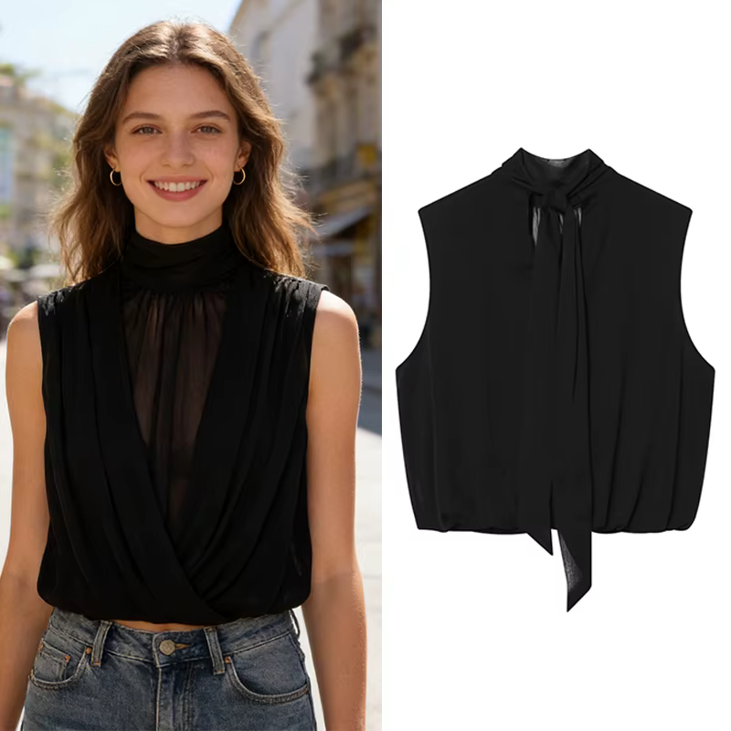Haut plissé noir sans manches pour femme, nouvelle collection Printemps-Été 2026, style décontracté 