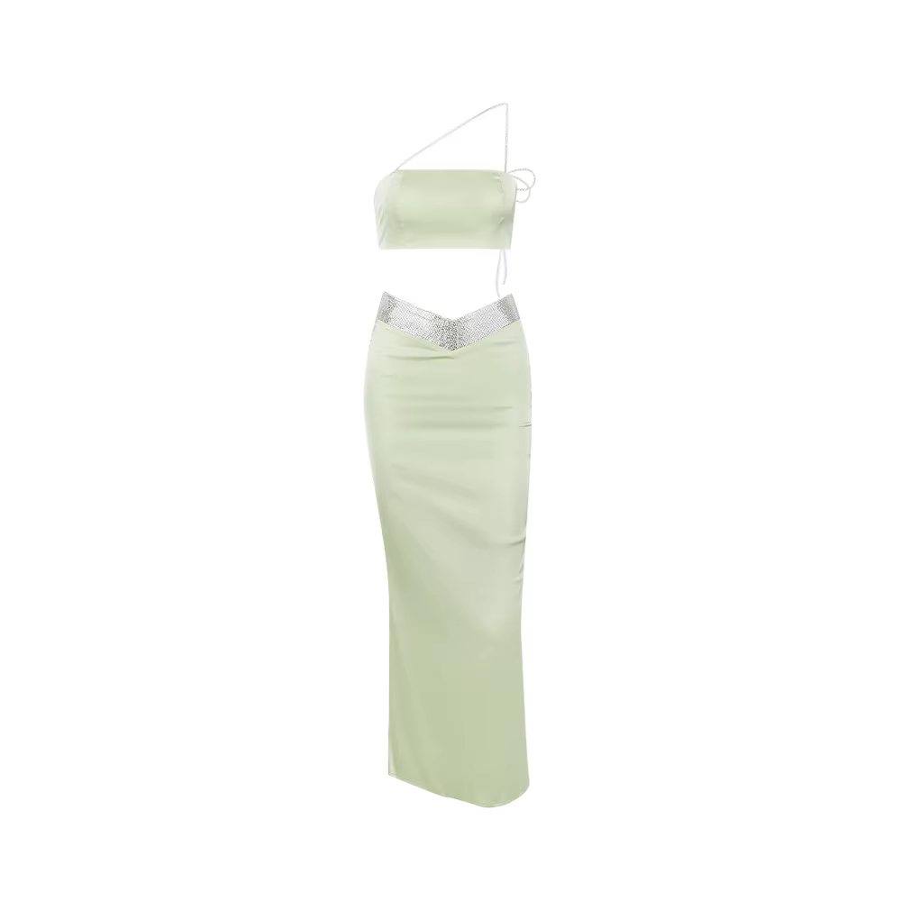 Suninheart-Robe d'invité de mariage avec perles pour femmes, ensemble de 2 pièces, haut court, vert,