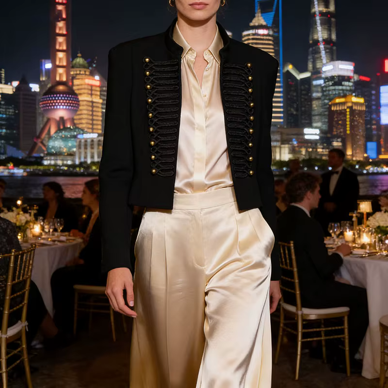 Veste Courte Femme Blazer avec Décoration Tressée et Boutons Dorés Épaulettes – Collection Printemps
