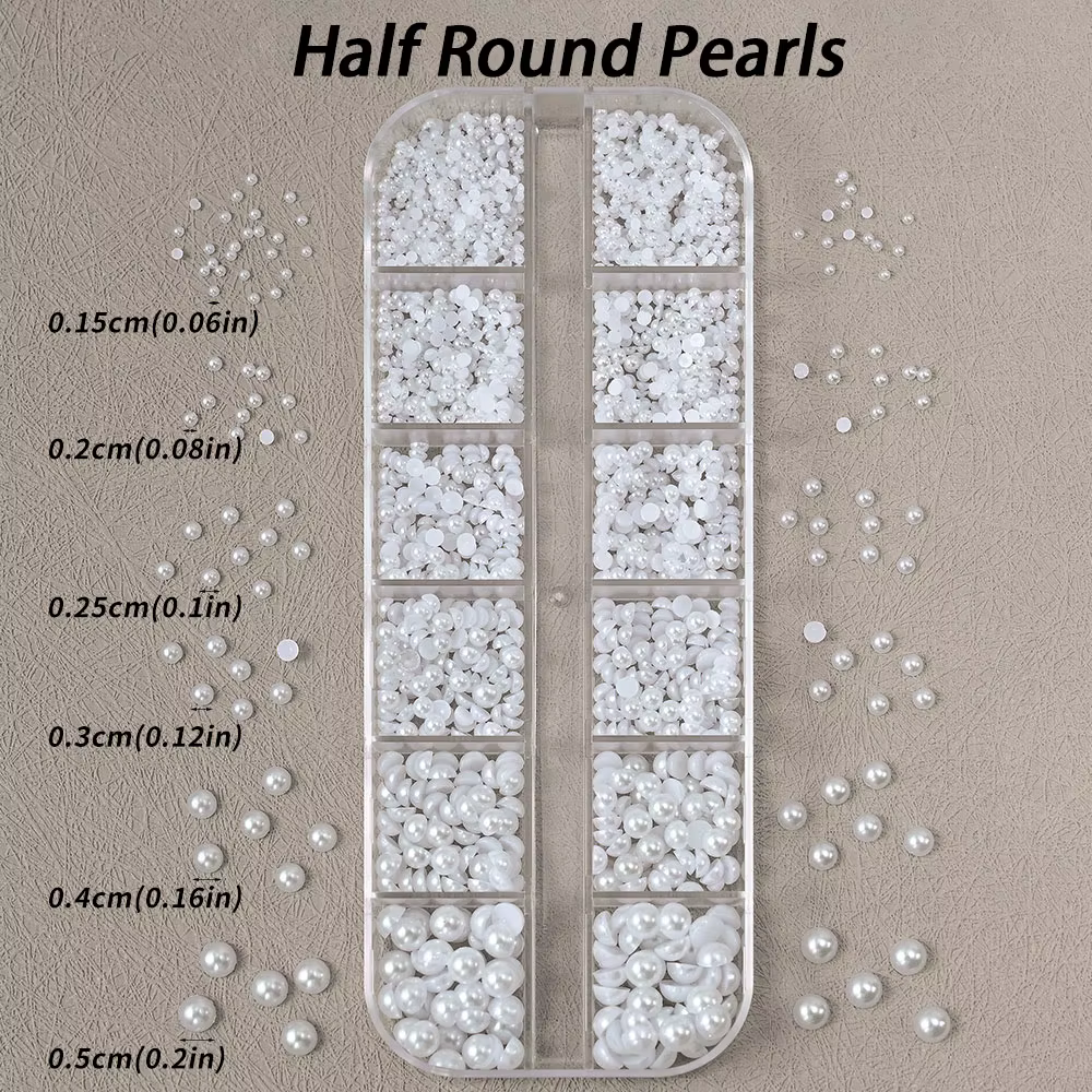 Perles demi-rondes à 12 grilles, breloques 3D pour ongles, 1.5/2/2.5/3/4/5mm, perles blanches à dos 