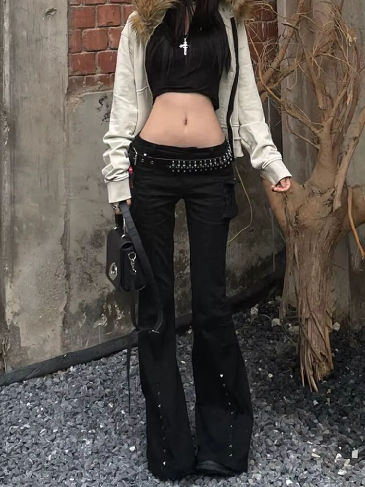 Pantalon Long évasé pour femmes, académique foncé, Goblin Core, Gyaru Goth, taille basse, Streetwear