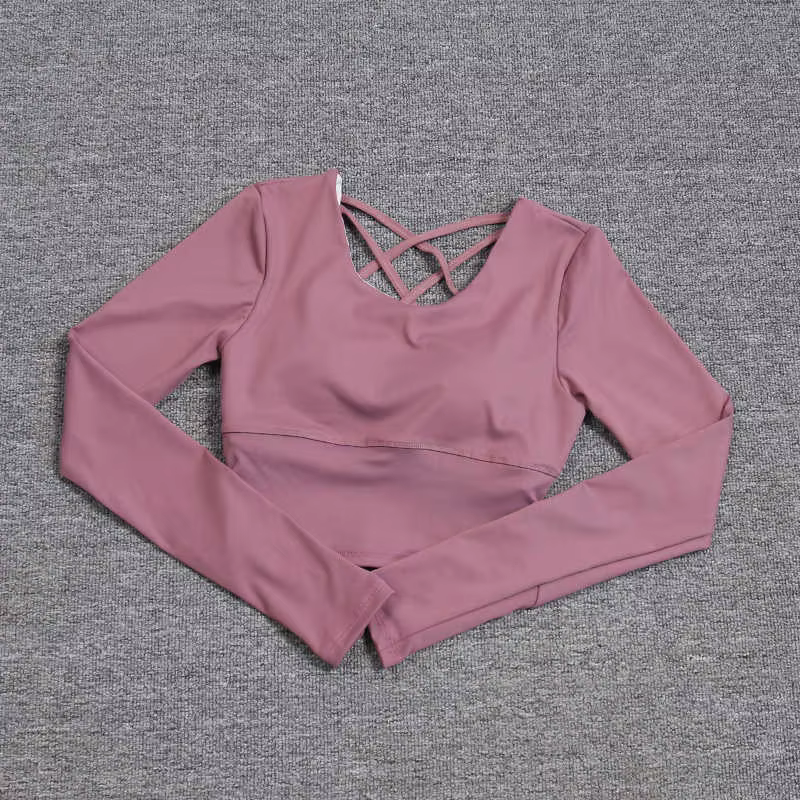 Dos creux pour femme avec soutien-gorge intégré, haut de yoga à manches longues, soutien-gorge une p