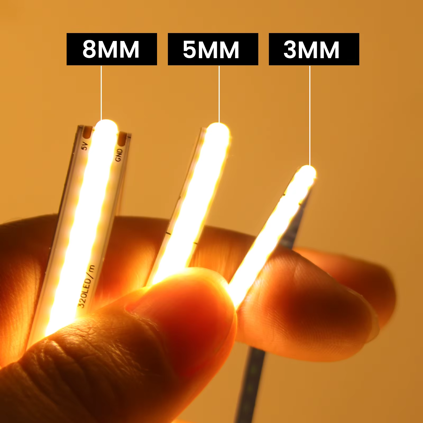 Bande LED COB PCB 3mm 5mm 8mm, 5V 12V 24V 320LED s/m, haute densité RA90, ruban LED COB Flexible, éc