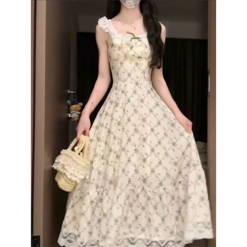 Robe imprimée pastorale française pour femmes, douce, douce, voyage d'été, plage, longue robe à carr