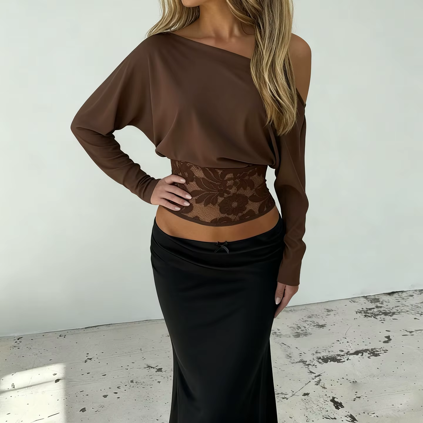 SUCHCUTE élégant épaules dénudées dentelle garnie taille défini haut rétro Streetwear solide à manch