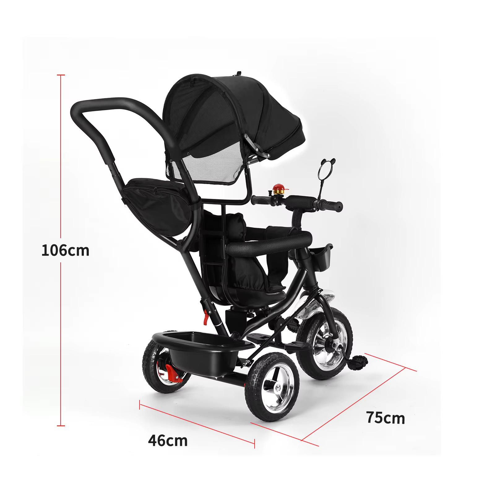 Tricycle avec barre de poussée, siège rotatif, voyage avant et arrière, auvent pliable avec protecti