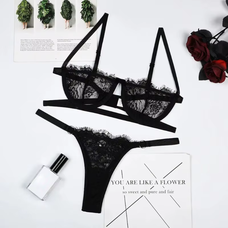 Ensemble de lingerie sexy pour femme en dentelle transparente, broderie féerique, soutien-gorge déli