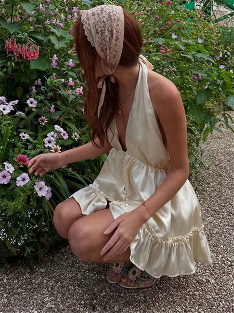 Tossy Satin mode col en v Mini robe femmes à volants dos nu été 2025 vêtements de nuit robe de soiré