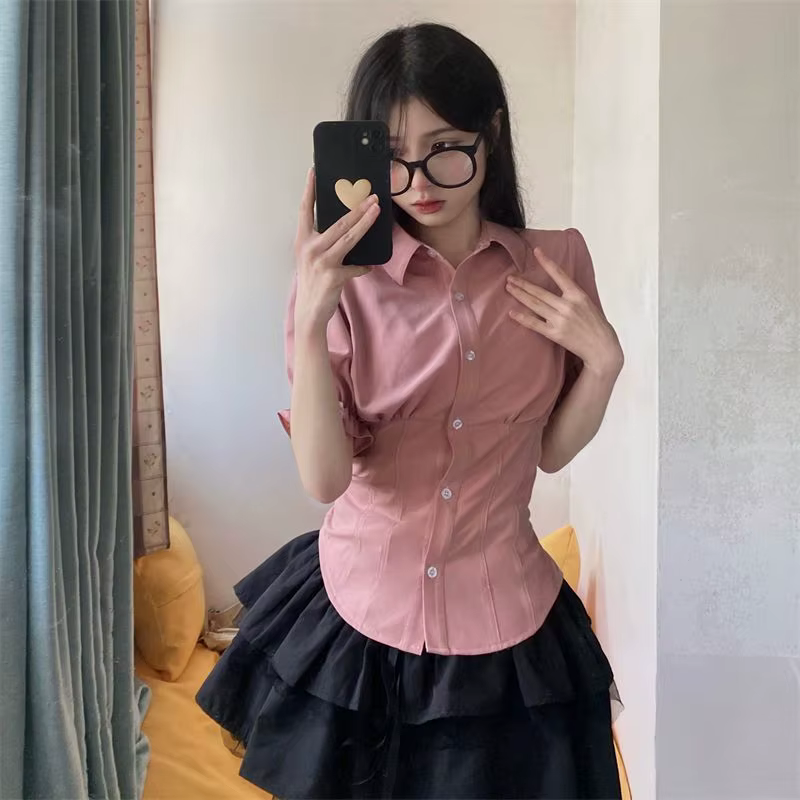 Chemises à Manches Courtes pour Femme, Slim, Plissé, Doux, Mignon, Preppy, Style Japonais, Y2k, Vête