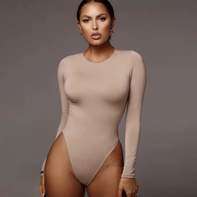 O cou à manches longues solide blanc Sexy Body femmes noir automne hiver corps haut gris décontracté