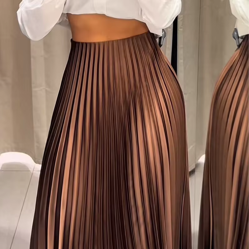 HXAO femmes jupe plissée été marron jupe à volants cylindre plis taille moyenne jupe Midi mode éléga