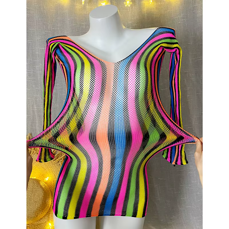 1 pièce Robe de plage moulante pour femme, style résille, transparente et ajourée, à manches longues