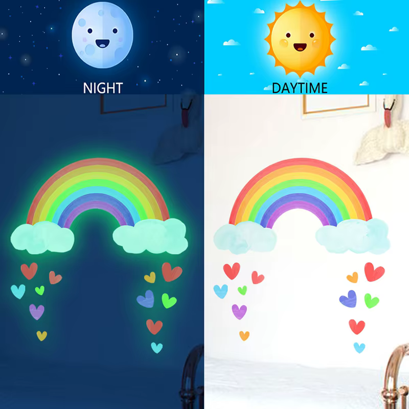 Autocollants muraux lumineux arc-en-ciel, dessin animé, lueur dans le noir, nuage, cœur, autocollant