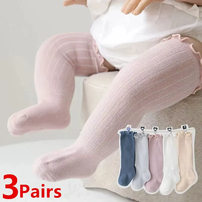 3 paires/lot bébé filles chaussettes dentelle froufrous solide coton longue genou haute enfants chau