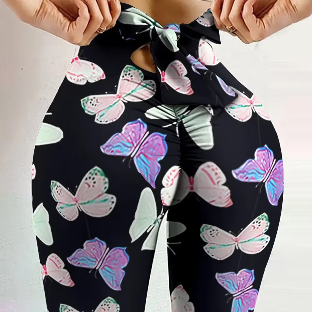 Taille haute Sexy papillon imprimé Leggings nœud Yoga pantalon nœud pansement collants femmes bout à