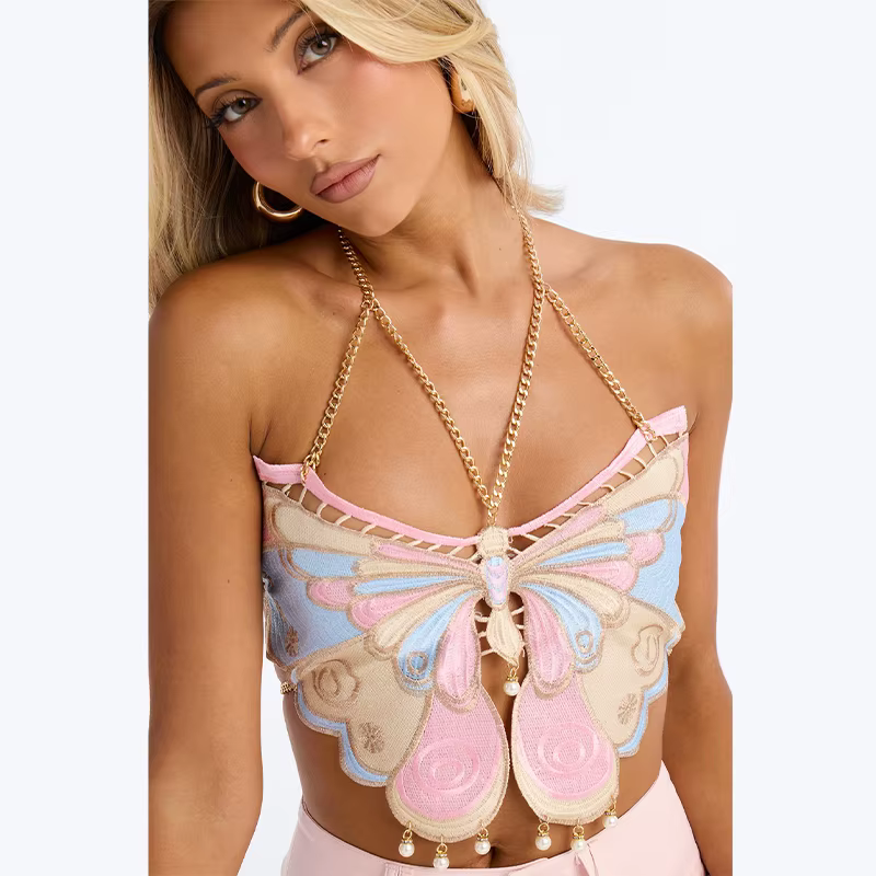 Haut court Y2K brodé papillon couleur unie pour femme, débardeur dos nu avec chaîne, idéal pour l'ét