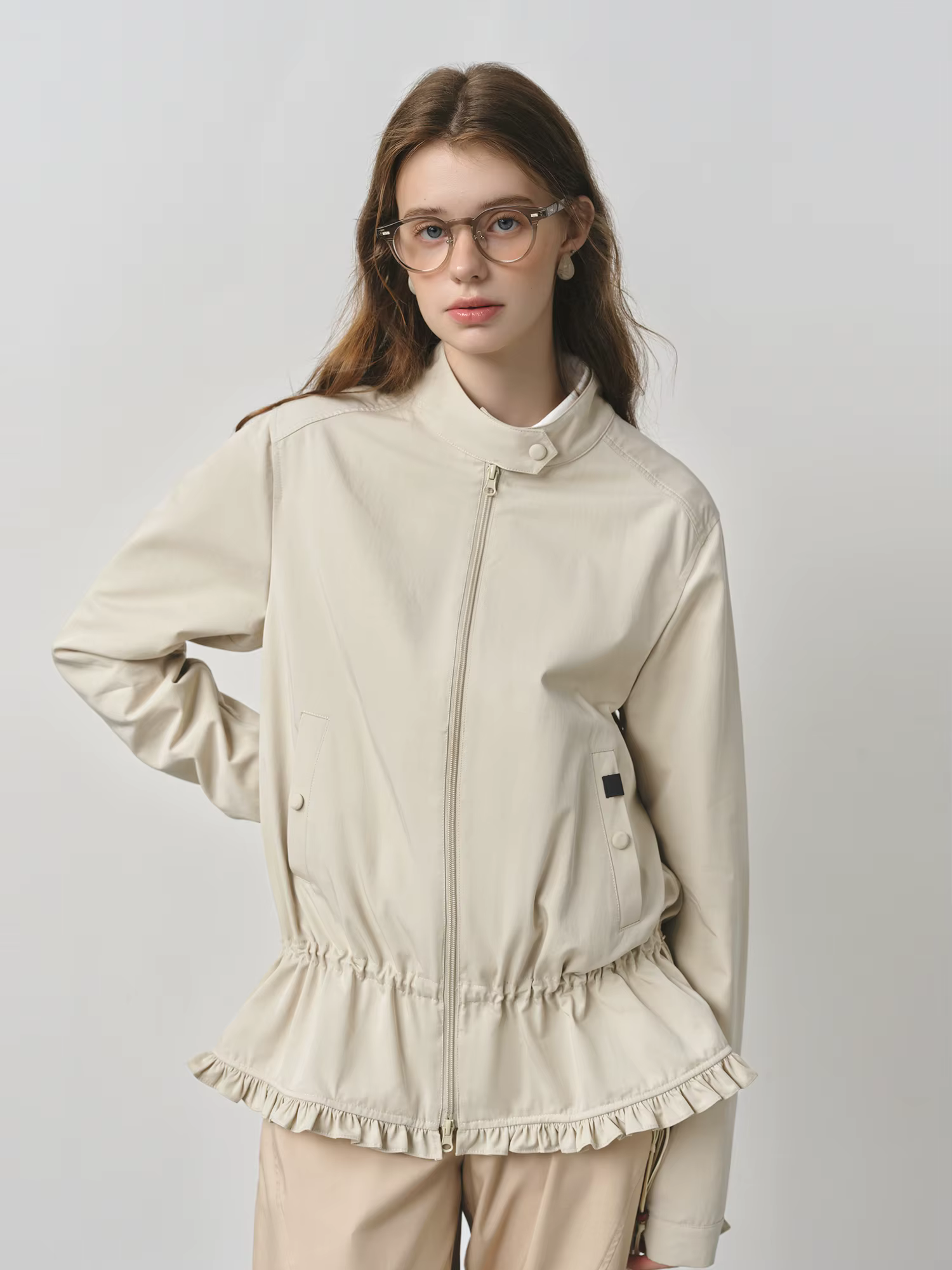FSLE 2025 nouvelles femmes épaule droite col montant veste 2025 automne Style coréen cordon doux fle