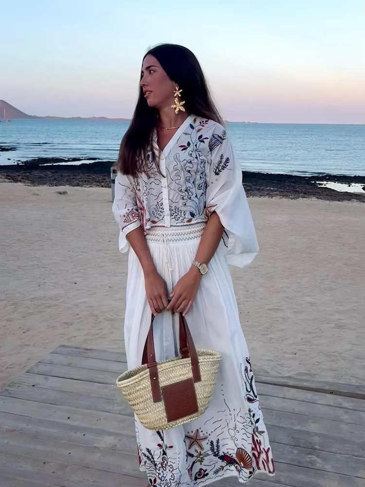 Jupe Maxi Brodée à Manches Chauve-Souris en Coton Blanc, Organisme Marin, Ensemble de Robe à Glands,