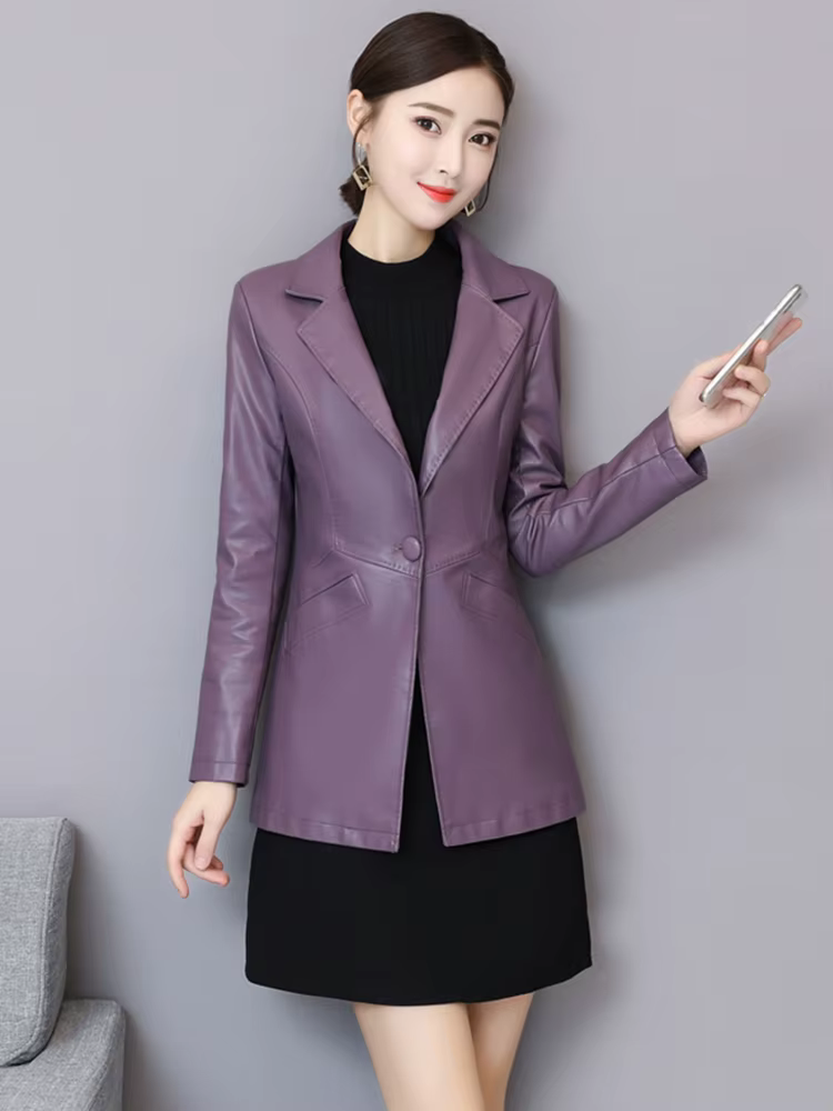 Nouveau Femmes Veste en cuir Automne Hiver Mode Classique Bouton unique Slim Blazer en cuir de mouto