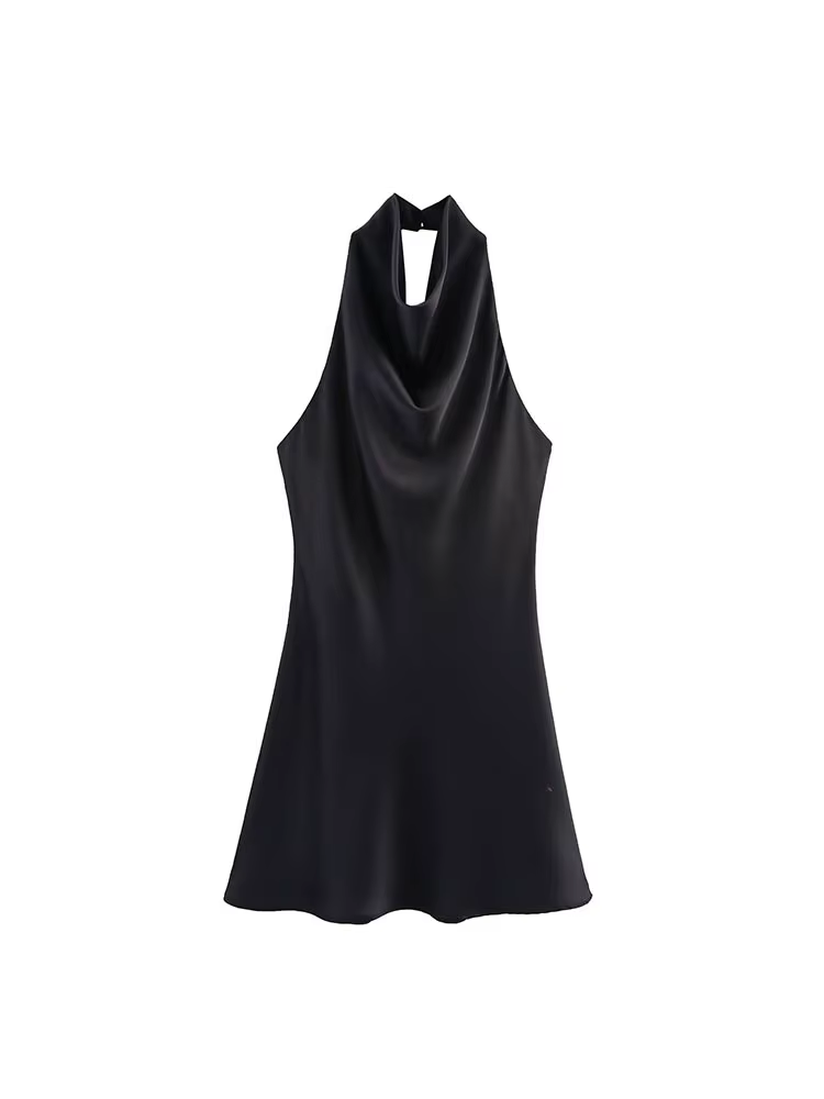 Robe Courte Halter Élégante en Satin pour Femme – Collection Été 2026 – Sexy, Dos Nu, Couleur Unie –