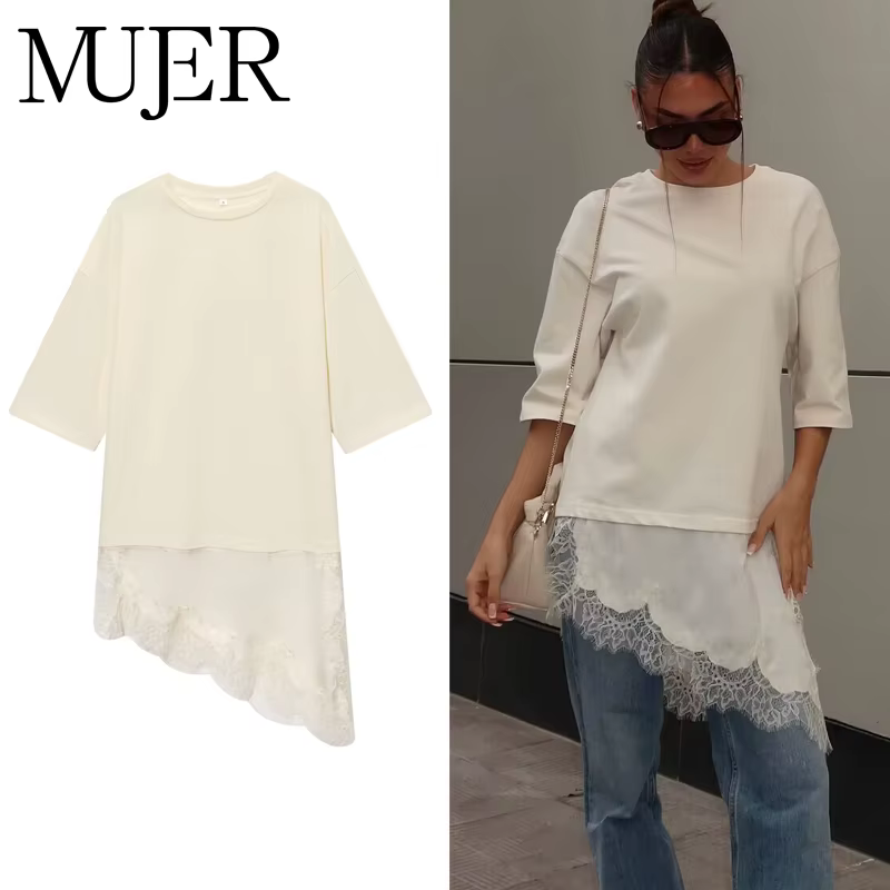 MUJER Polo dentelle femmes T-shirt asymétrique débardeurs pour femme à manches courtes drôle femme T