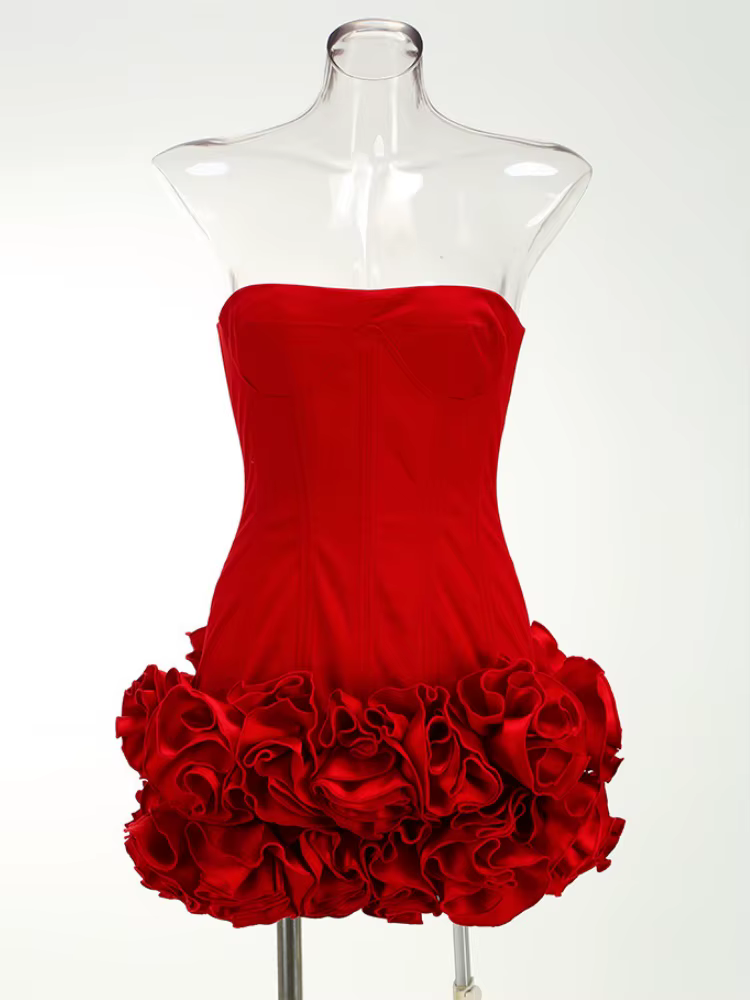 VC robe de noël sans bretelles dos nu rouge structuré Floral embelli Mini longueur moulante célébrit
