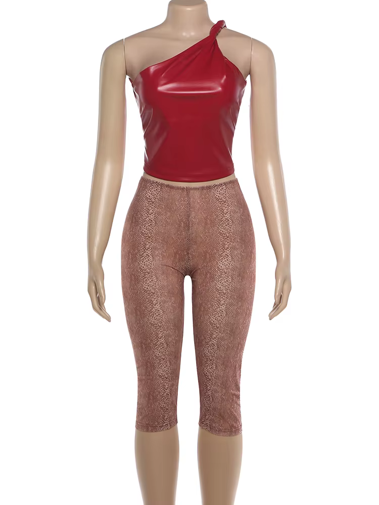 Sisterlinda été Hipster 2 pièces ensemble femmes épaule inclinée débardeur en polyuréthane + short d