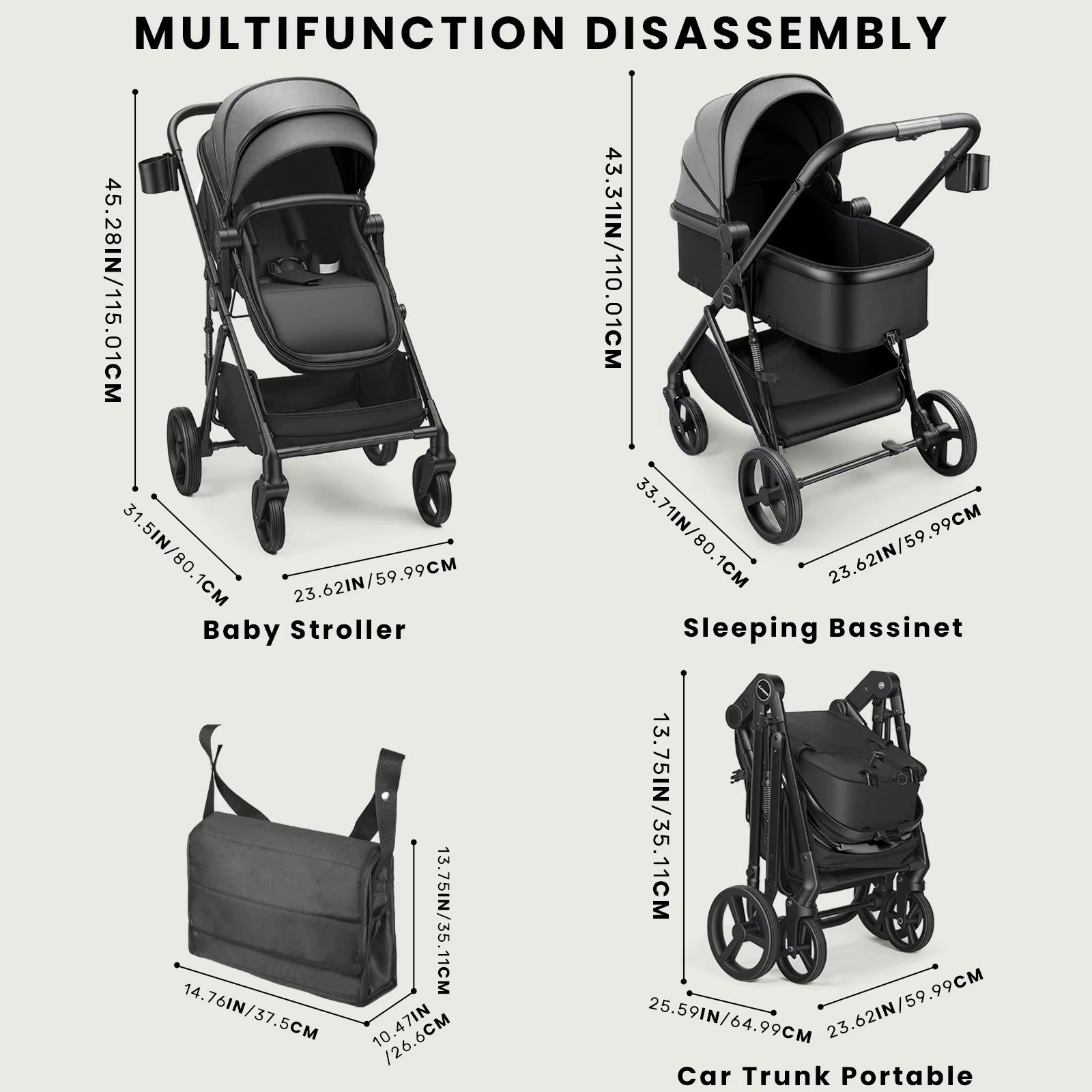 Poussette pour bébé 2 en 1, landau pliable avec siège réversible, auvent réglable, panier de rangeme