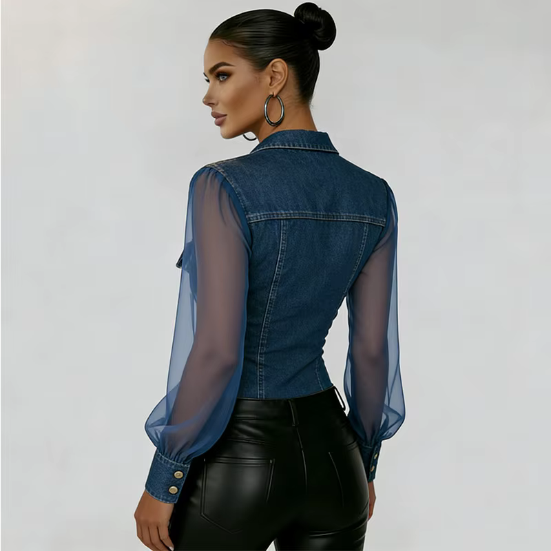 Chemisier vintage en jean et maille transparente pour femme, à manches longues, boutonné, col à reve