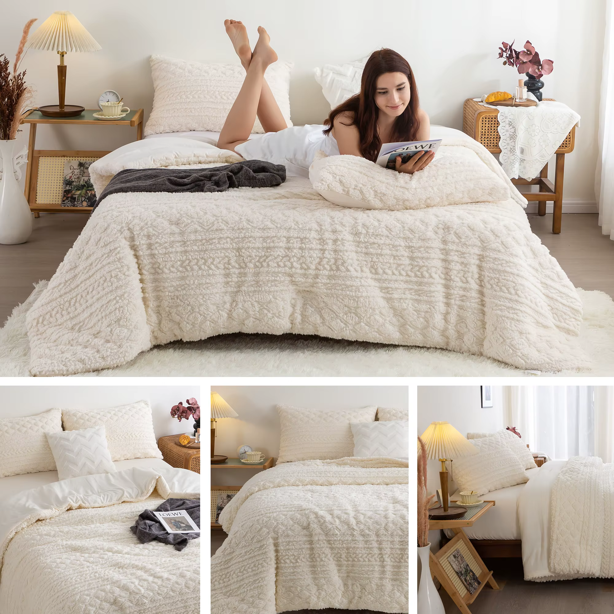 Ensemble de couette en duvet moelleux en coton Sherpa, peluche Smile, capitonné Boho, ultra-doux, lé