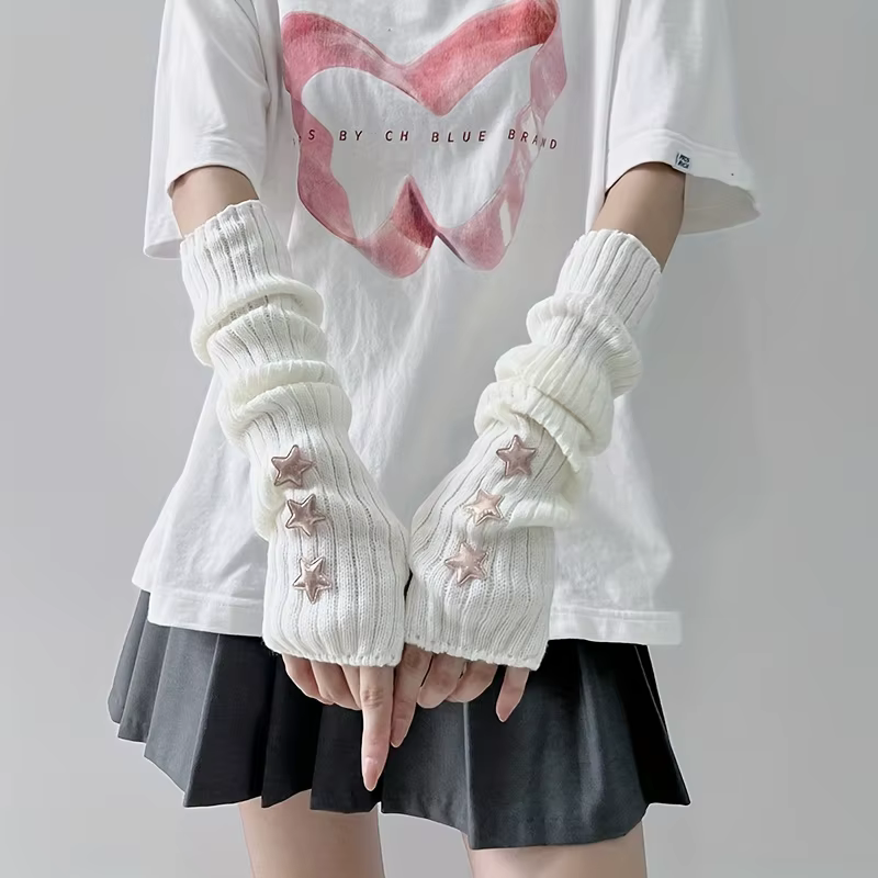 1 paire de gants sans doigts pour femmes, avec décoration d'étoiles, blanc/noir/rose, lavables en ma