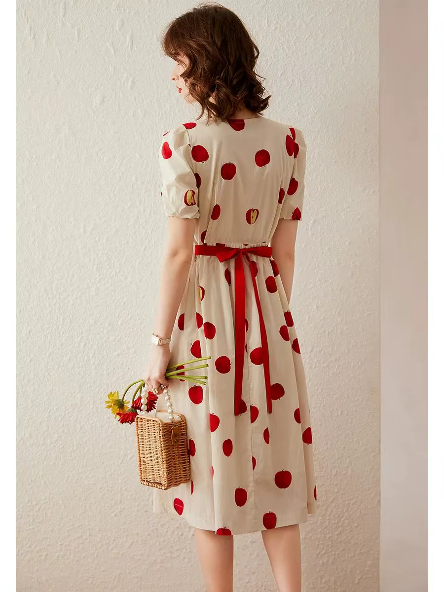 Modiis Yao-Robe longue trapèze pour femme, tenue élégante, imprimée pomme, col rond, manches courtes