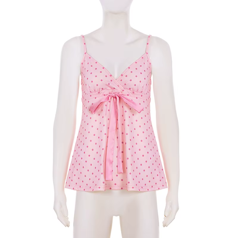 SUCHCUTE Chic doux mignon à pois imprimé nœud à lacets Camisole femmes col en V sans manches haut co