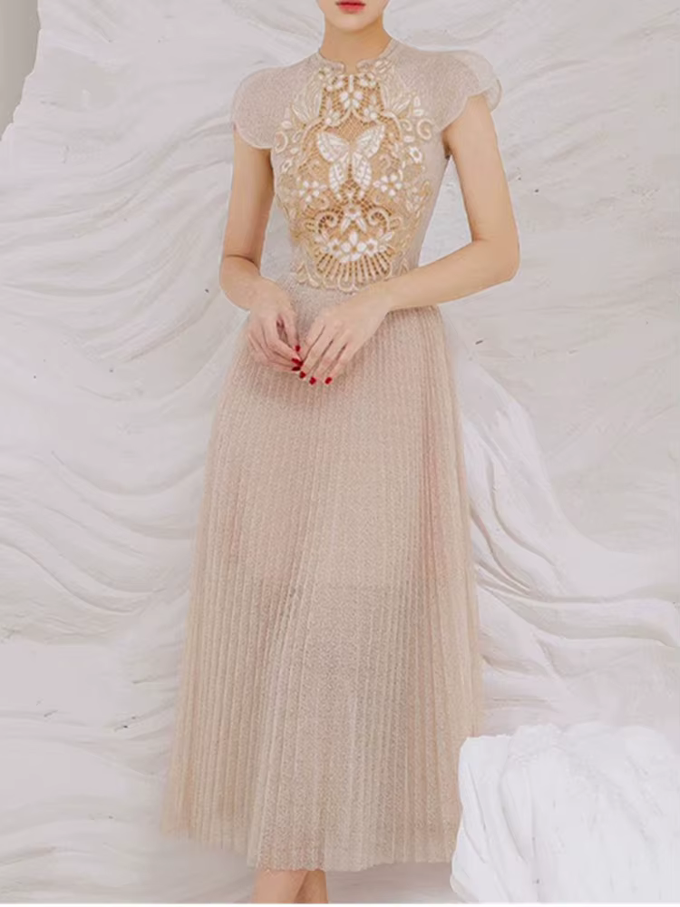 Robe brodée en dentelle évidée pour femme, manches courtes, patchwork, taille fine, longue, robe édu