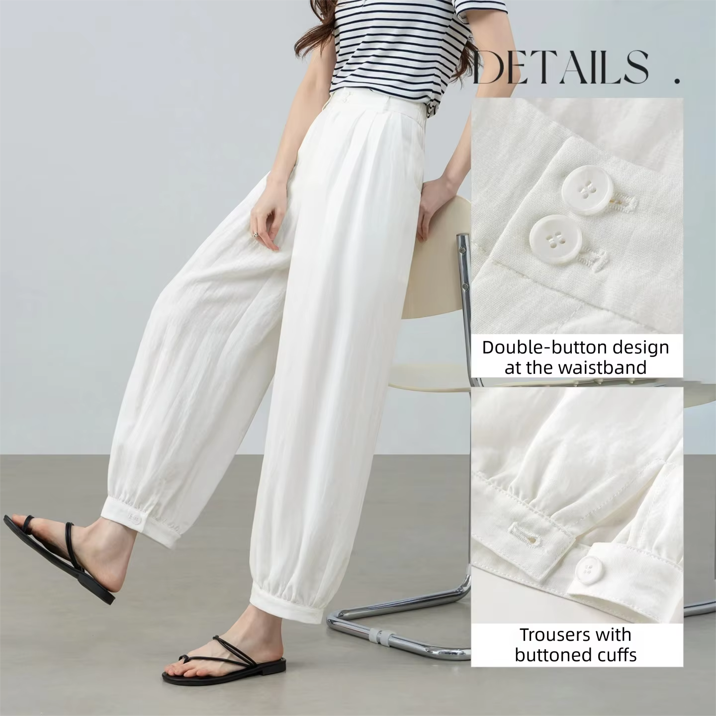 SENTUBILA Pantalon plissé blanc pour femme, style minimaliste, mode bureau, taille à double bouton,