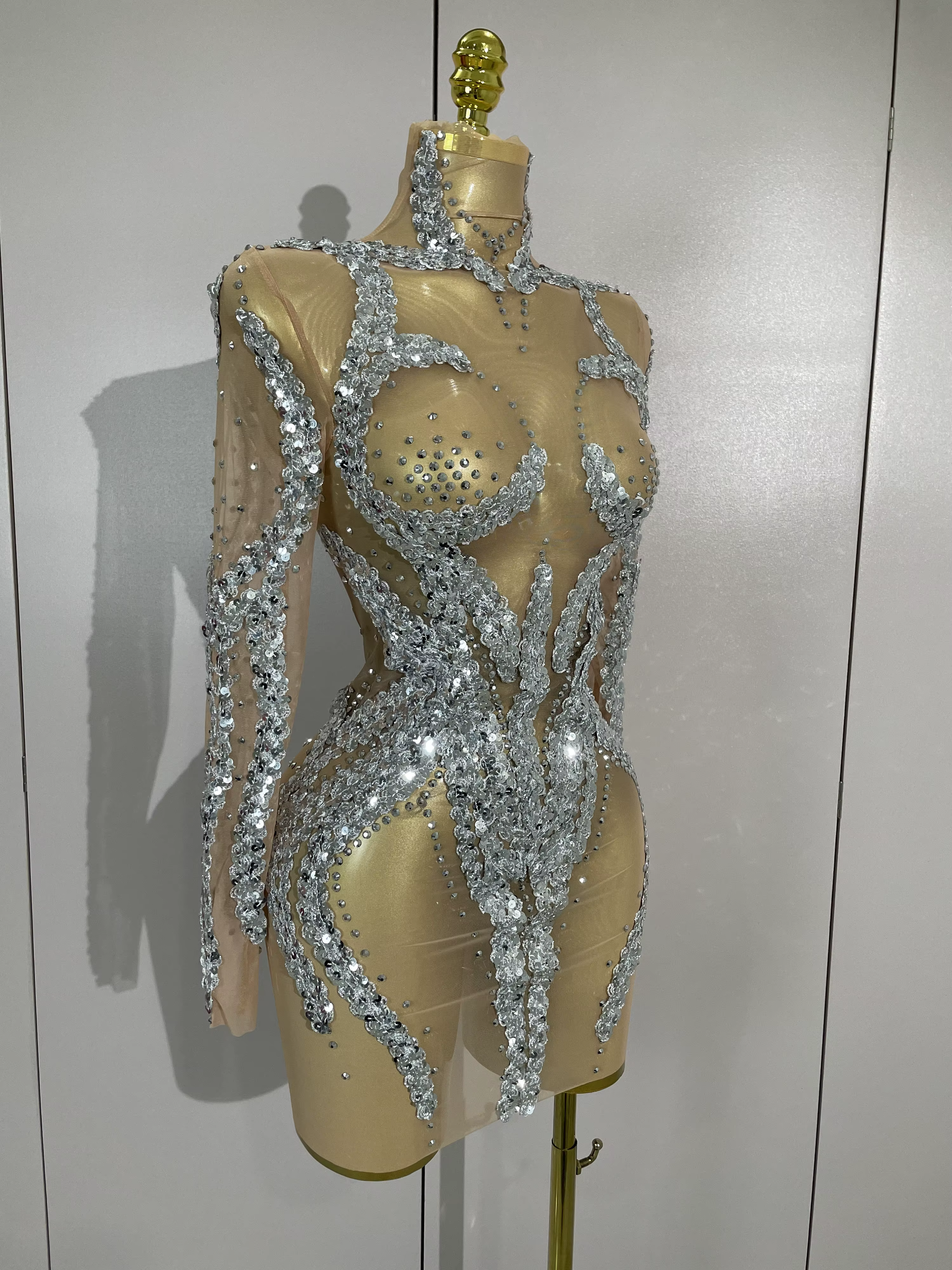 STOCK strass scintillants Sexy maille transparente Mini robe réveillon fête d'anniversaire danse dis