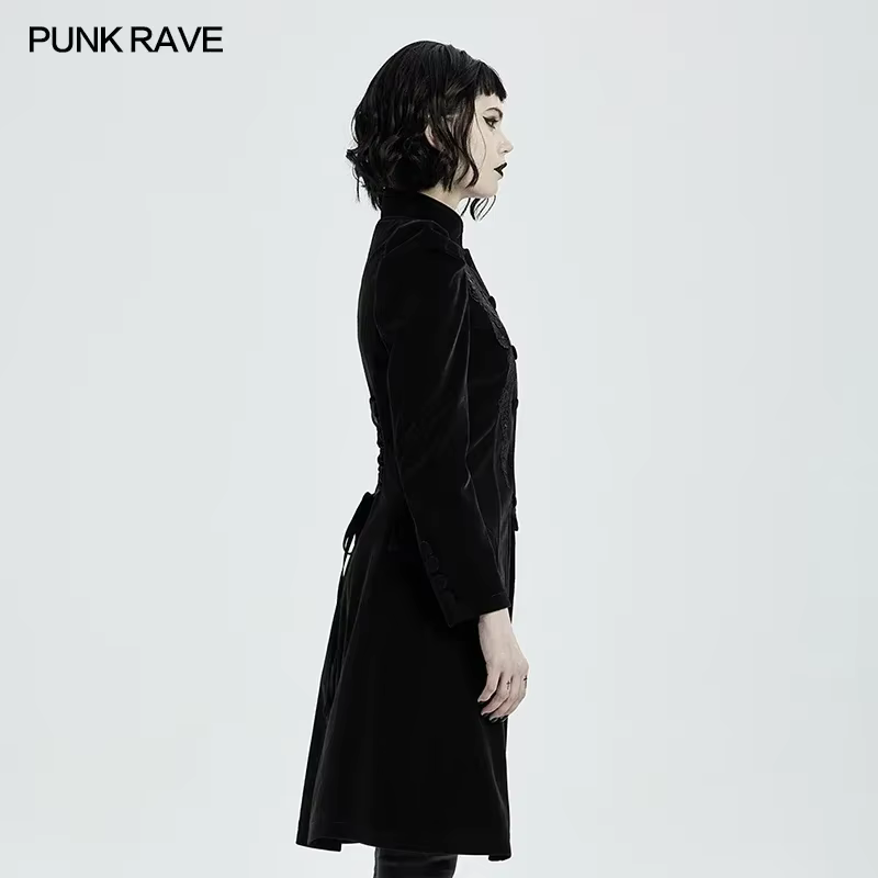 PUNK RAVE-Manteau mi-long gothique pour femme, magnifique veste rétro, velours de trame de haute qua