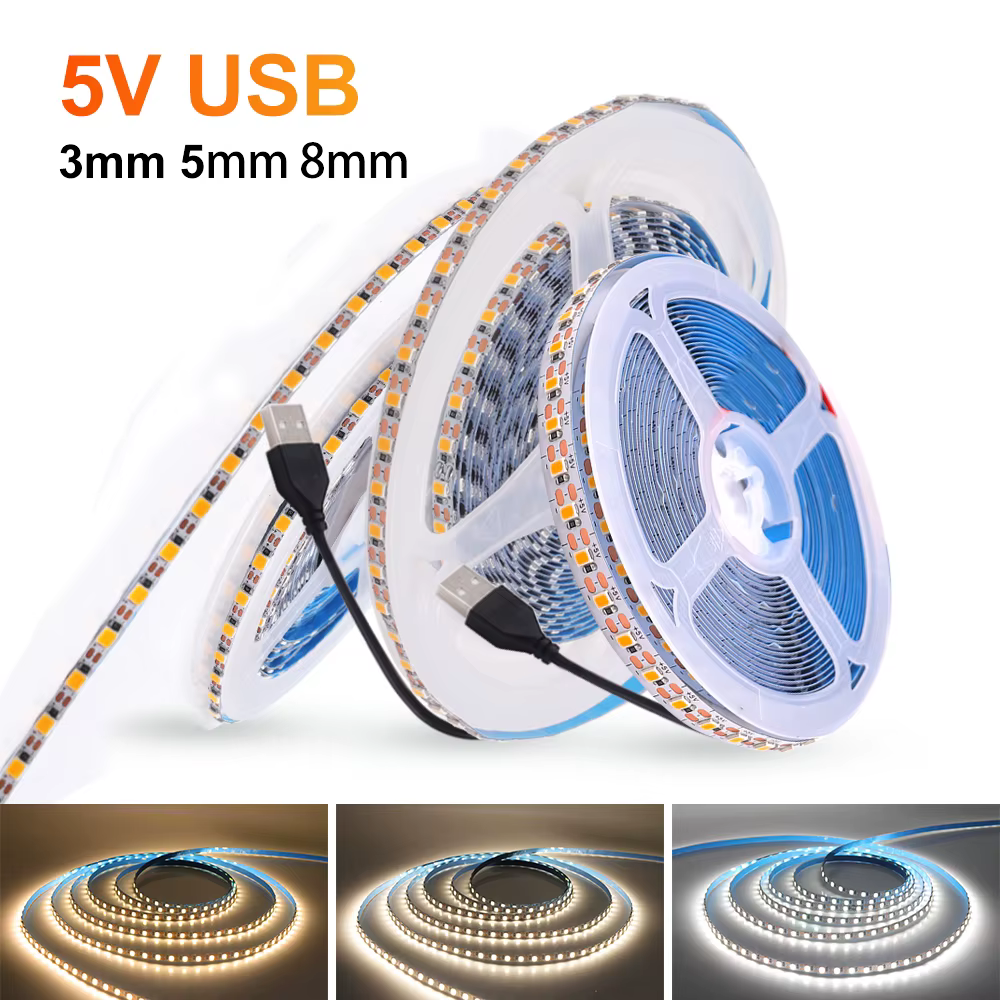 Bande lumineuse LED Flexible, 5V, 2835, 3mm, 5mm, 8mm, largeur PCB, 120 diodes/m, fil USB/2 broches,