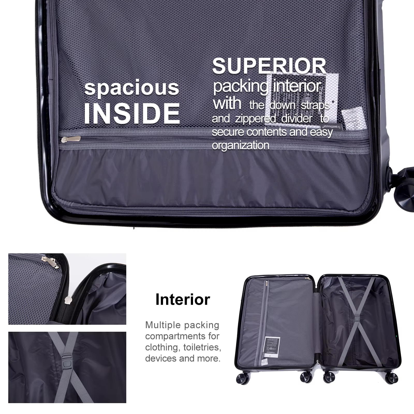 Travelhouse-Ensemble de Valises Rigides Légères avec Serrure TSA, Roues Spinner, PP, 3 Pièces, 20/24
