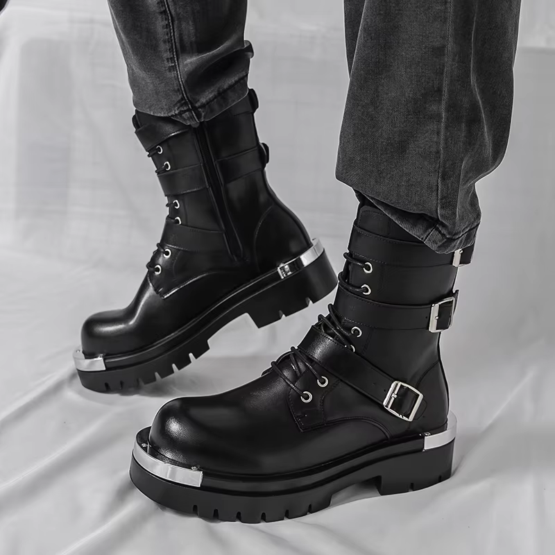 Bottes Chelsea pour hommes, couleur unie, semelle épaisse, hauteur augmentant, haut en métal, gros o